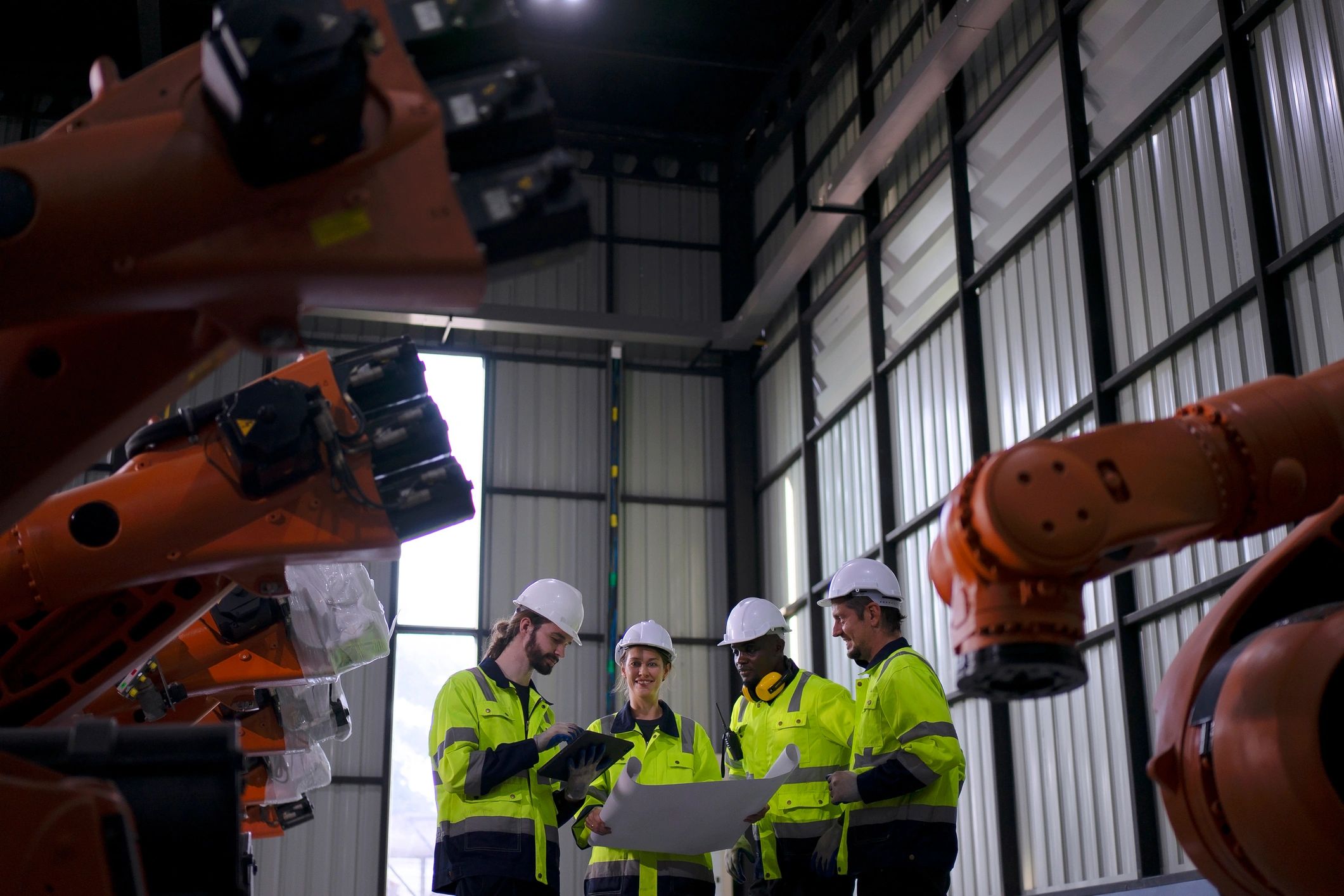 Engineer working with robotic manufacturing equipment